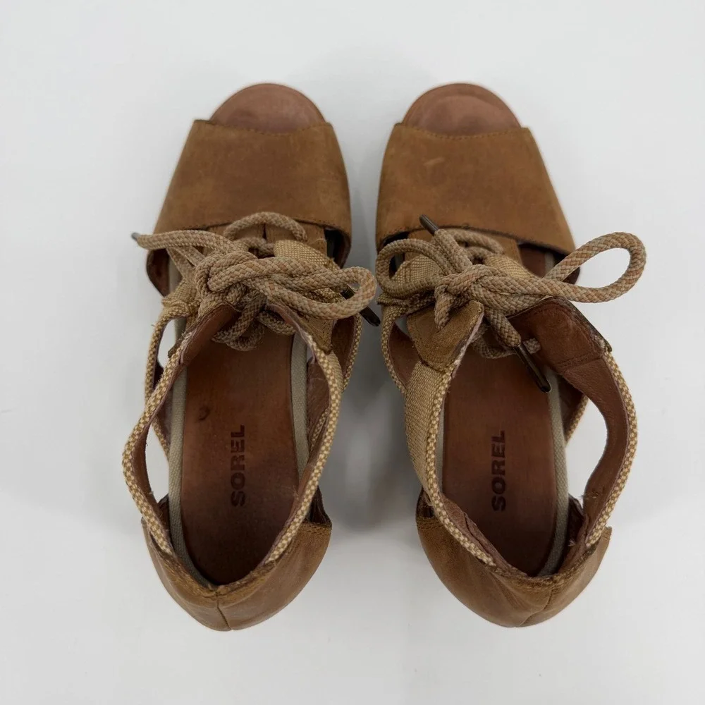 Sorel Joanie Lace Tan Leather Canvas Wedge Sandals NL2441-286 Womens 10